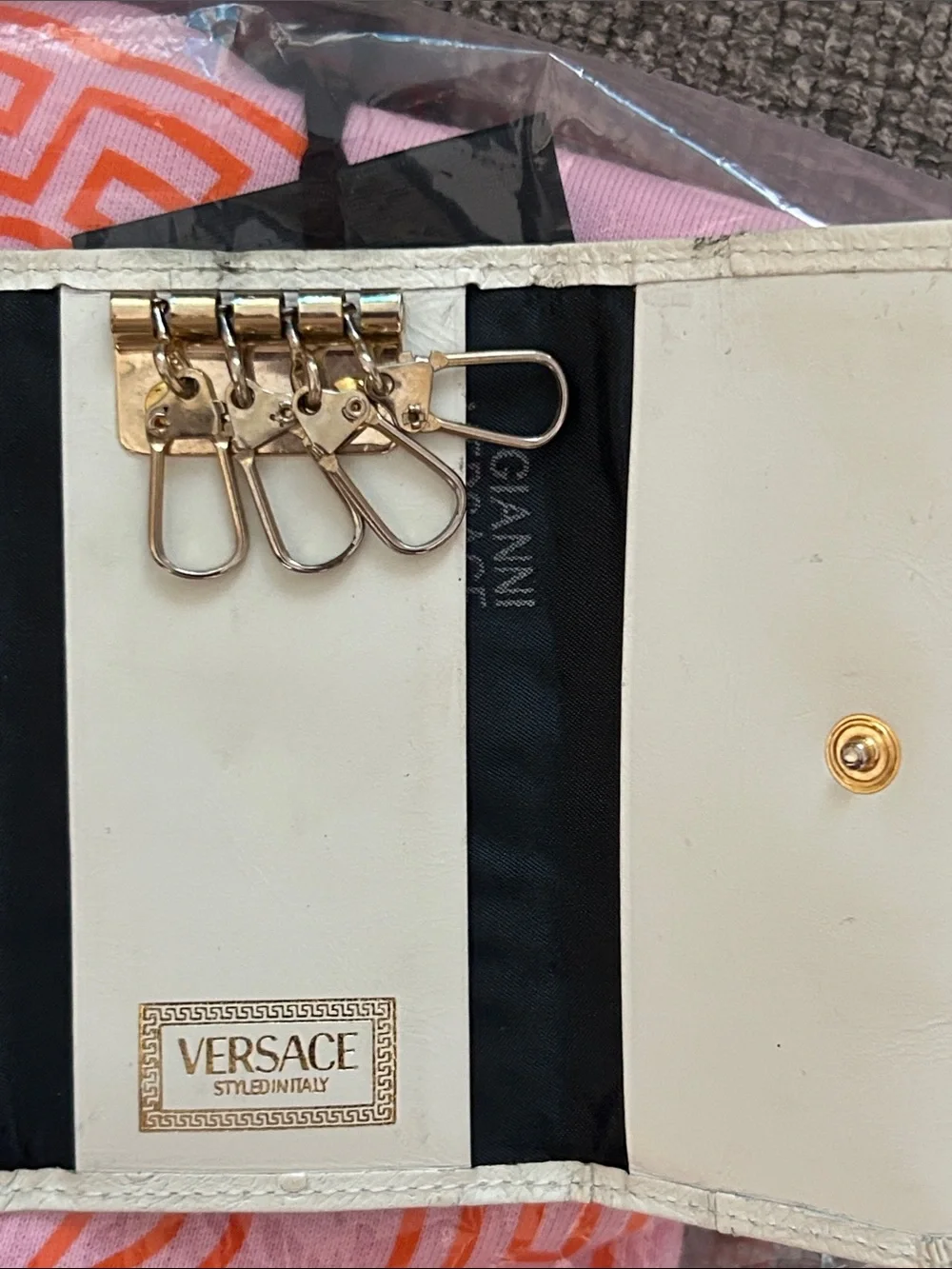 Vintage Versace Cream Leather Key Case with Gold Medallion Hardware